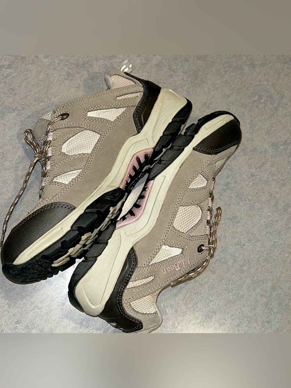 L.L. Bean Beige and Black Women's Trail Sneakers with Pink Accent